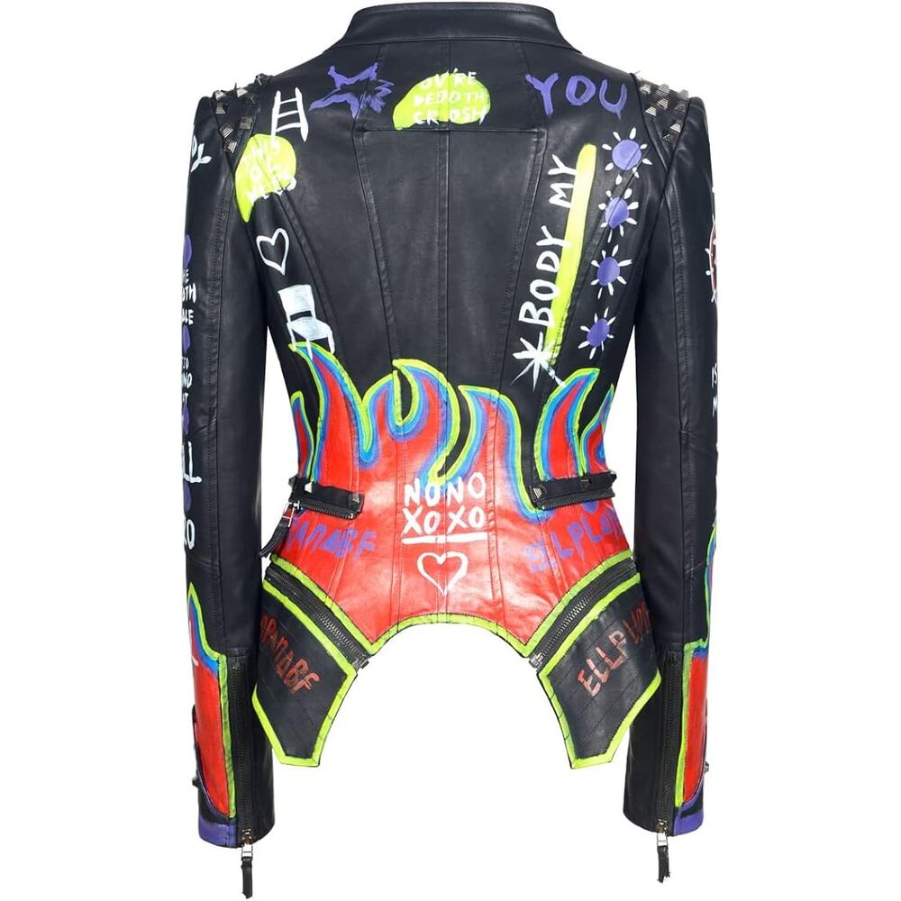 Women's fashion studs Faux Leather Motorcycle jacket, graffiti punk, Black, XS - Picture 4 of 6